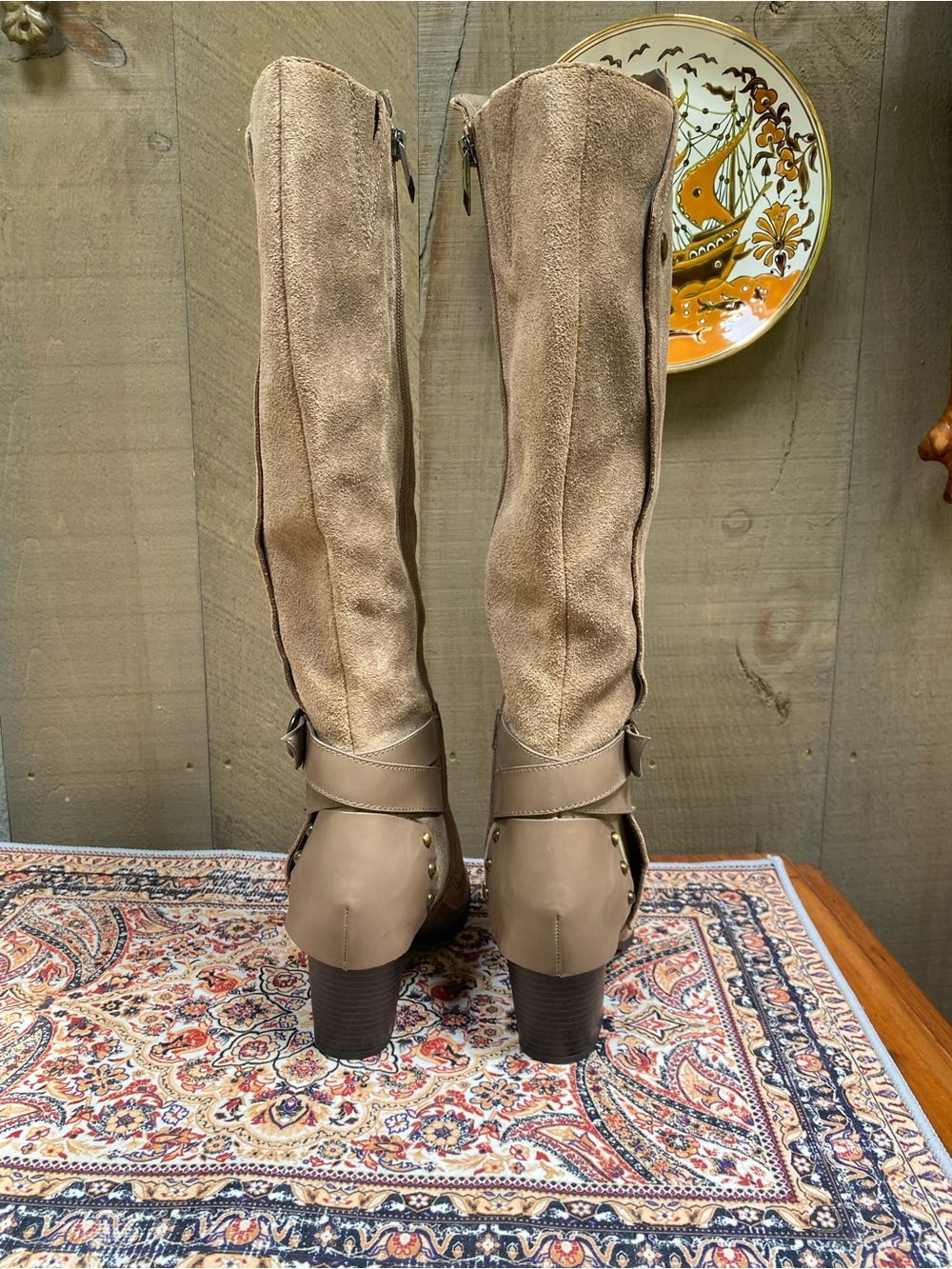 Fergie Taupe Suede Knee-High Block Heel Boots - Picture 12 of 14